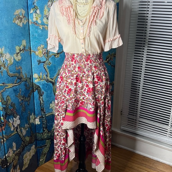 BTFBM size M, hi Lo, red and green flowered patterned skirt. - Picture 5 of 11